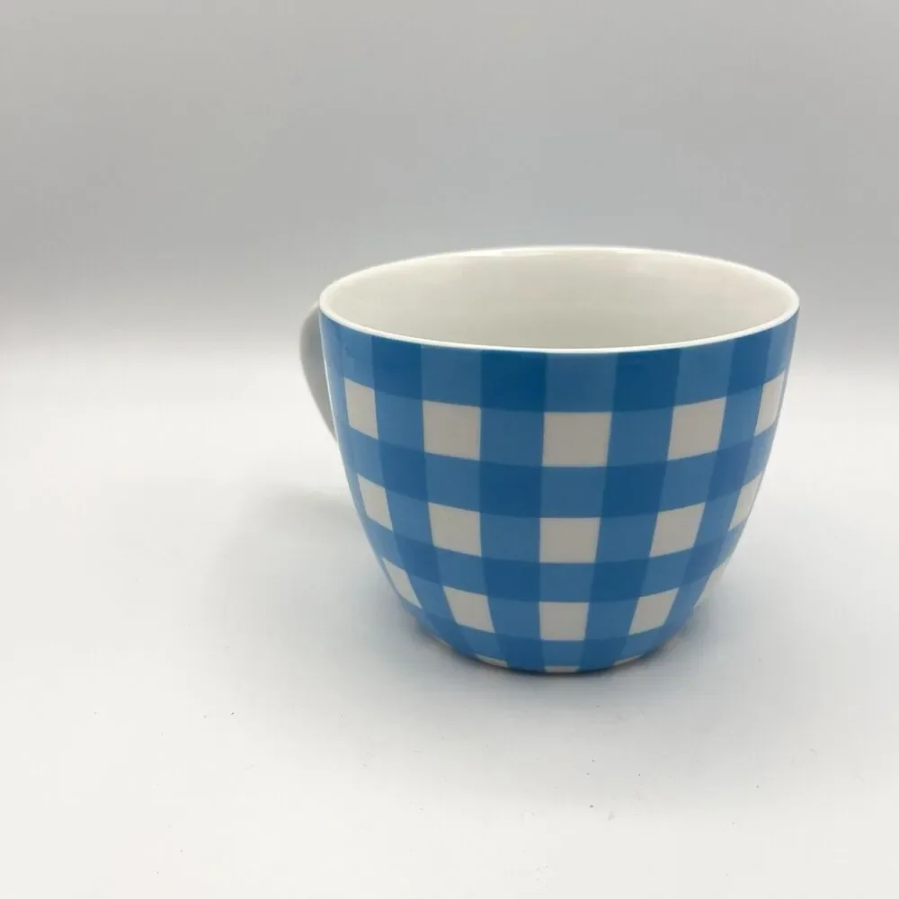 Crate & Barrel Coffee Mug Cup Gingham Plaid Blue White